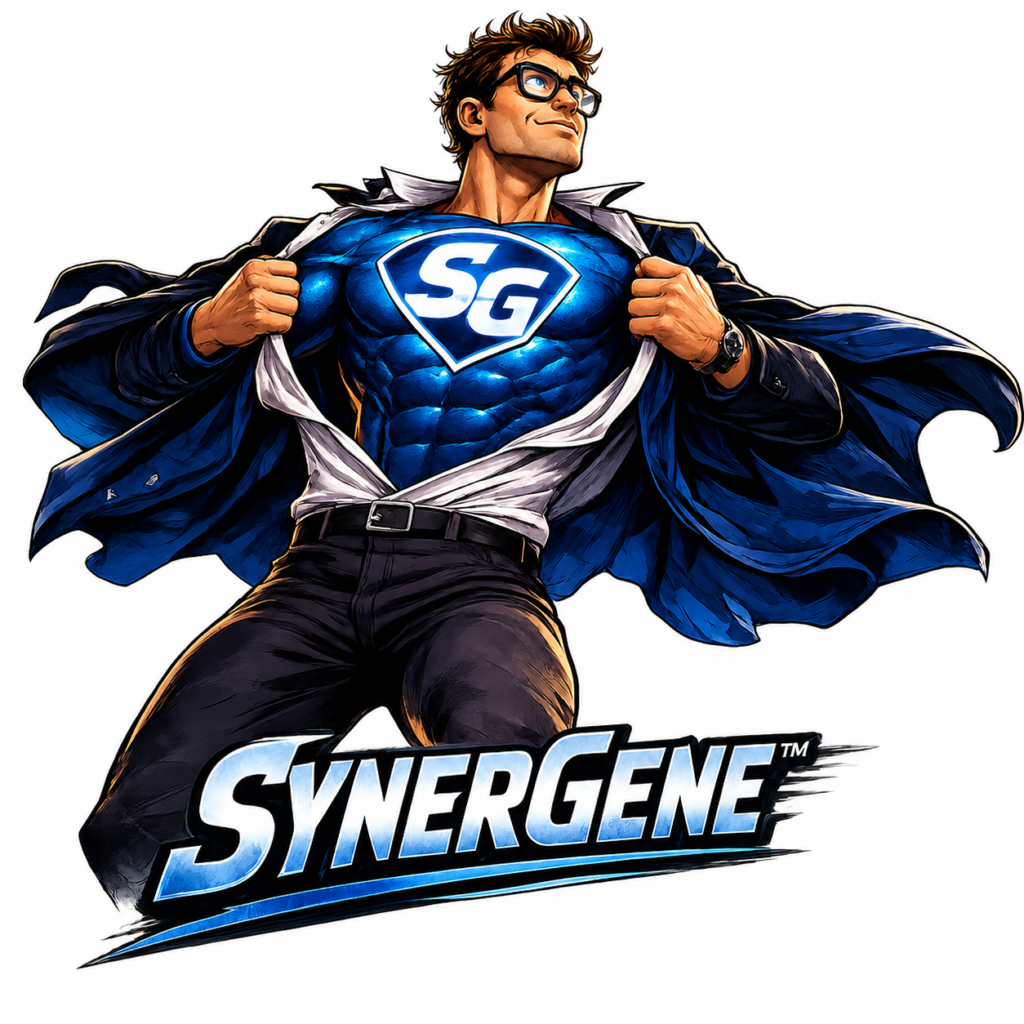 SynerGene, Synergy Consulting Group's IT recruiting superhero mascot, standing in a cape and blue suit